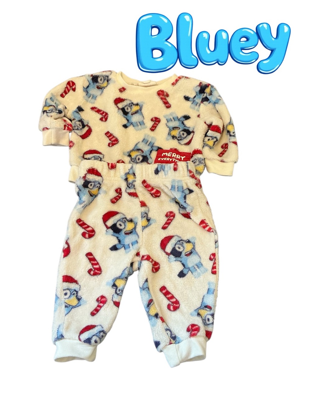 Bluey Holiday Penguin Fleece Footie - Cream with Blue & Red Print